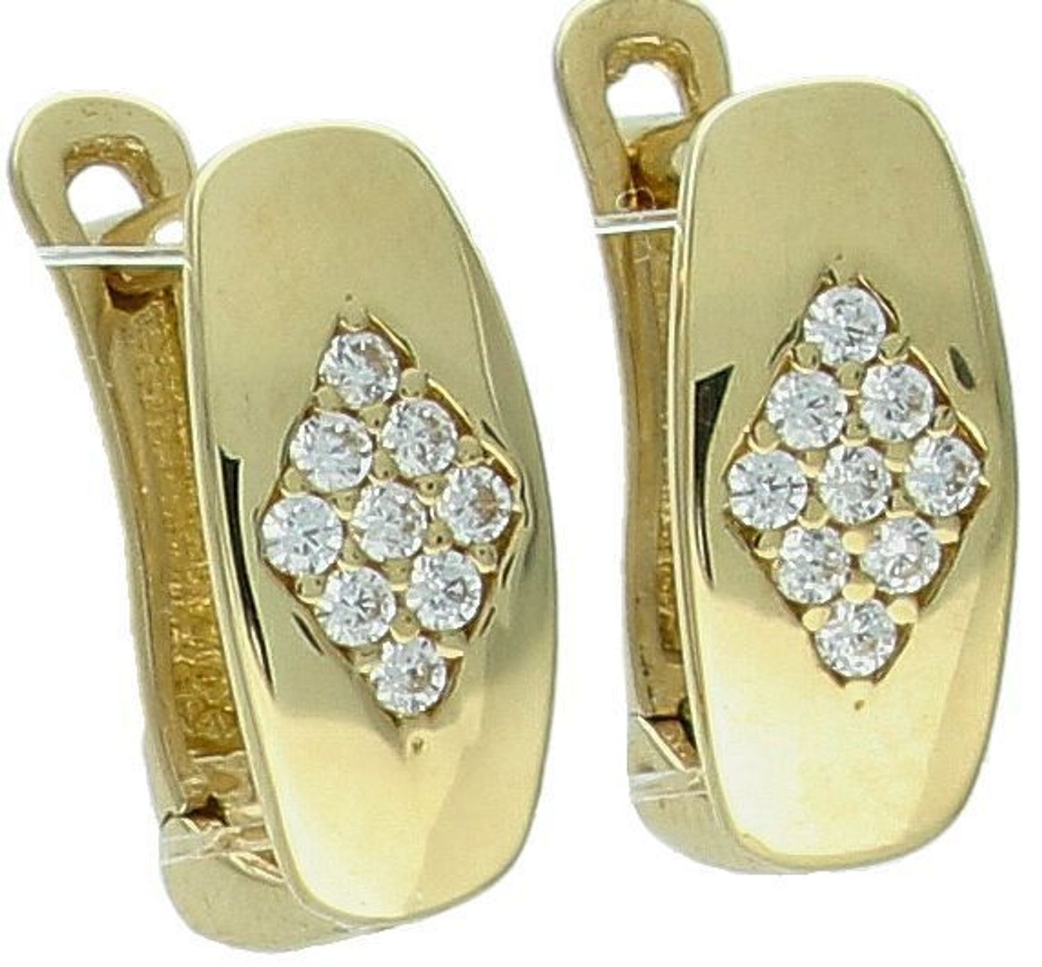 Kolczyki złote damskie z rombem z cyrkonii próba 585. Eleganckie, złote kolczyki z cyrkoniami i zapięciem angielskim to ponadczasowy wybór, który doda blasku każdej stylizacji. Wykonane z wysokiej jakości złota próby 585,1.jpg