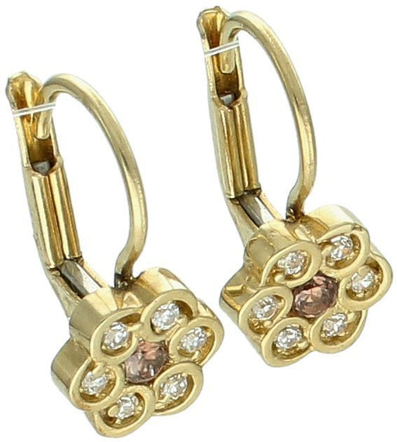 Złote kolczyki kwiatki z różową cyrkonią na środku i białymi wokół 585-  KLC-000000-428-585. Złote kolczyki kwiatki wykonane z 14-karatowego złota ozdobione cyrkoniami to doskonały pomysł na 1.jpg