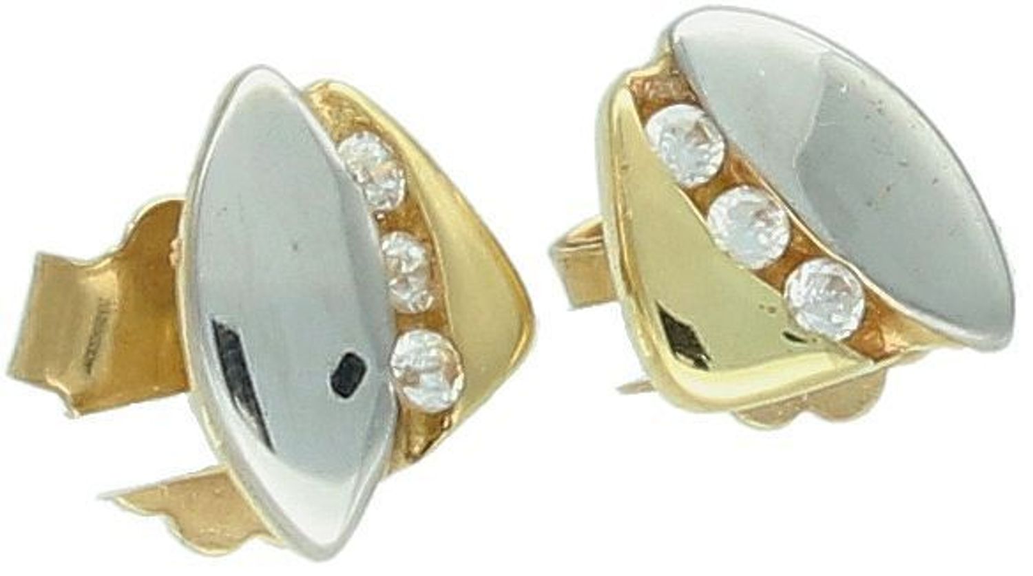 Kolczyki złote 585 z białym złotem i cyrkoniami KLC-000000-451-585 Eleganckie, złote kolczyki wykonane z próby złota 585 o wadze około 1,22 g i długości 0,8 cm. Ich kształt jest uniwersalny, 1.jpg