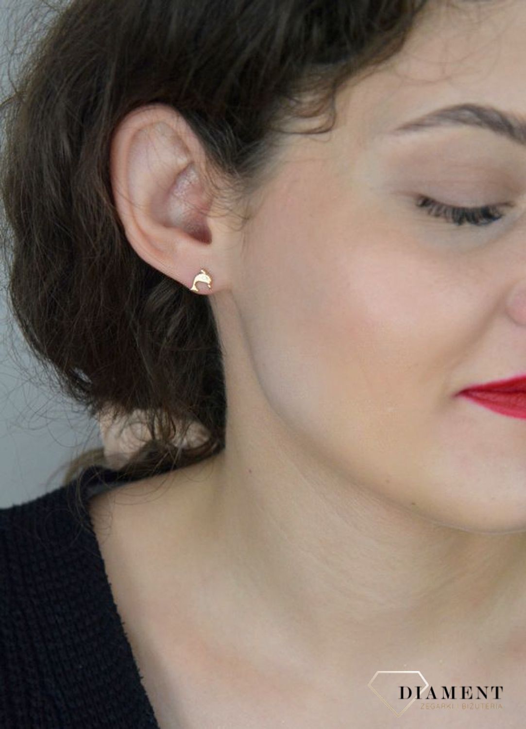 Złote kolczyki delfinki z cyrkonią 585.jpg