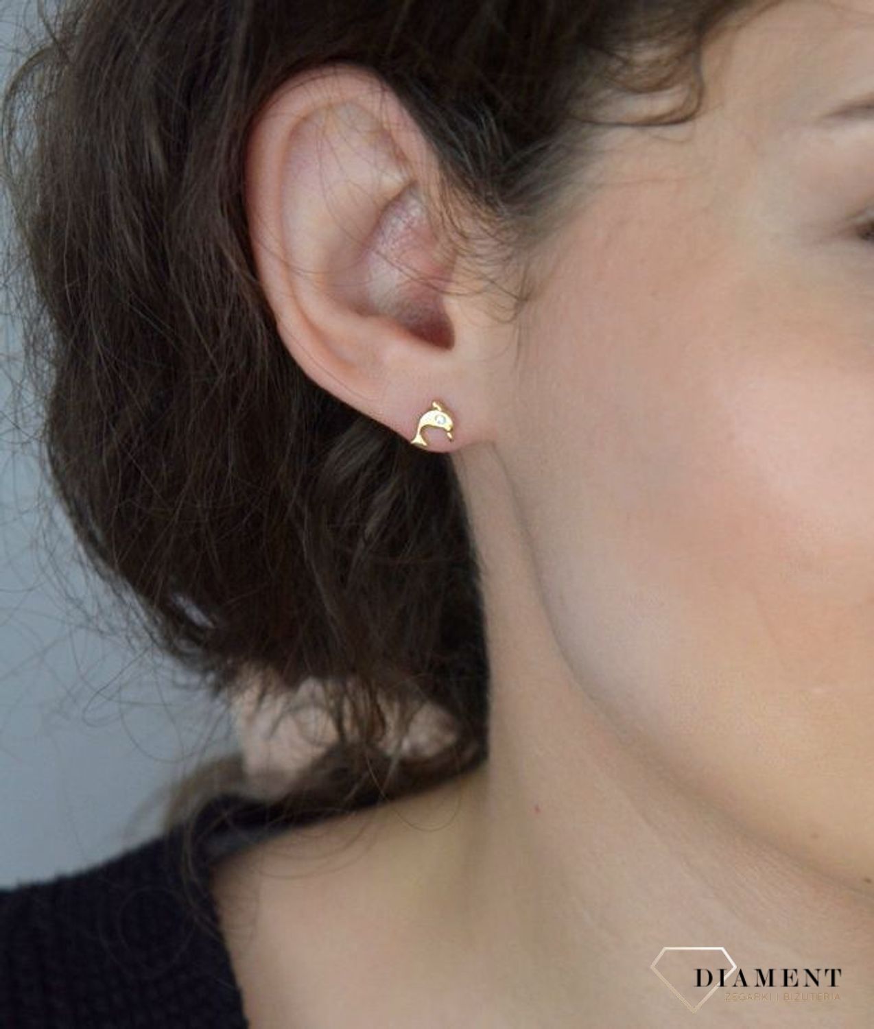 Złote kolczyki delfinki z cyrkonią 585.jpg