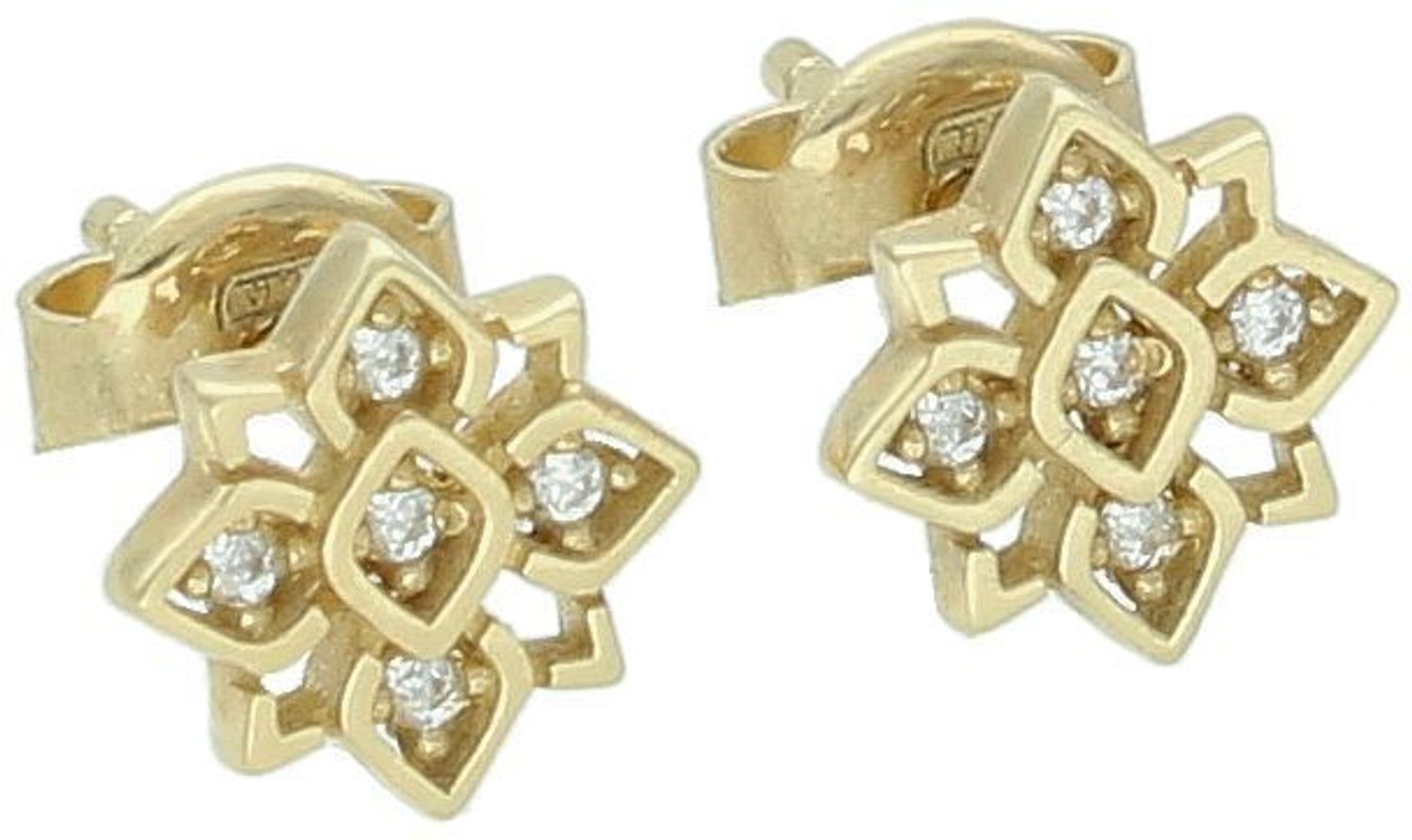 Kolczyki złote 585 kwiat z cyrkoniami KLC-000000-509-585  Subtelny blask 14-karatowego białego złota, próby 585 szlachetnego kruszcu, zamknięty w uroczej formie delikatnego kwiatu. 1.jpg