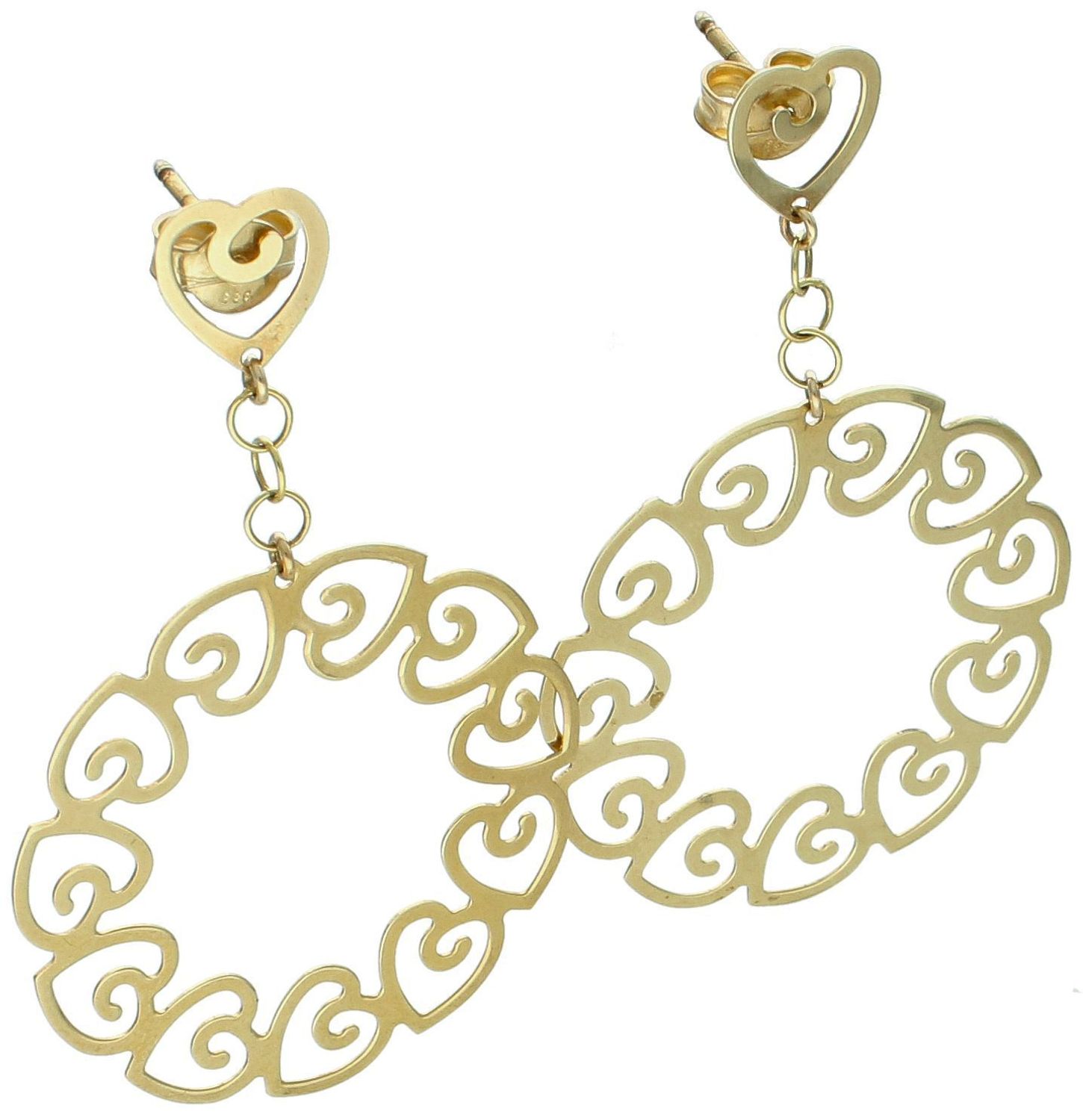 Złote kolczyki damskie 333 Ażurowe kółka z serduszek. Kolczyki wykonane z 8-karatowego żółtego złota, wiszące w kształcie kół, ozdobione ażurowymi serduszkami,1.jpg