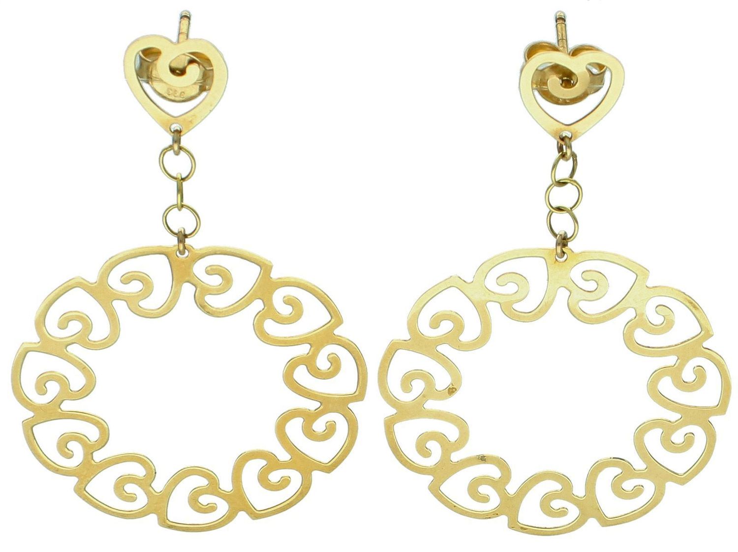 Złote kolczyki damskie 333 Ażurowe kółka z serduszek. Kolczyki wykonane z 8-karatowego żółtego złota, wiszące w kształcie kół, ozdobione ażurowymi serduszkami,1.jpg