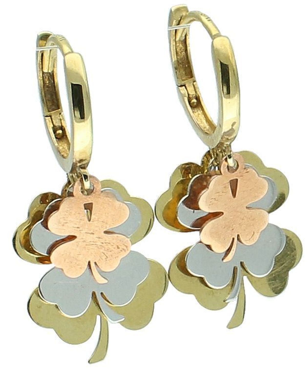 Złote kolczyki damskie Wiszące koniczynki w trzech kolorach złota 333.jpg