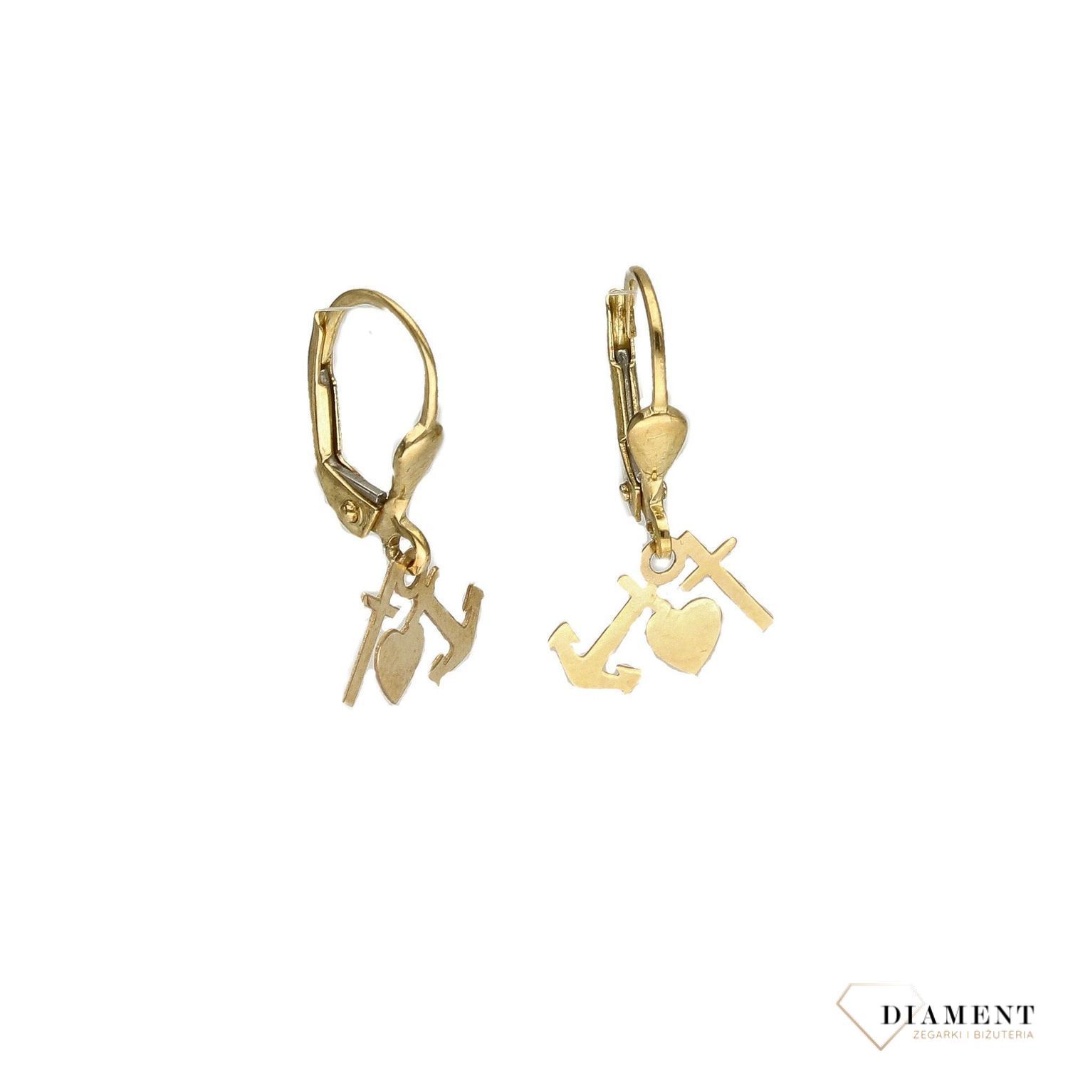 Złote kolczyki 333 wiszące elementy kotwica, serce i krzyżyk.jpg