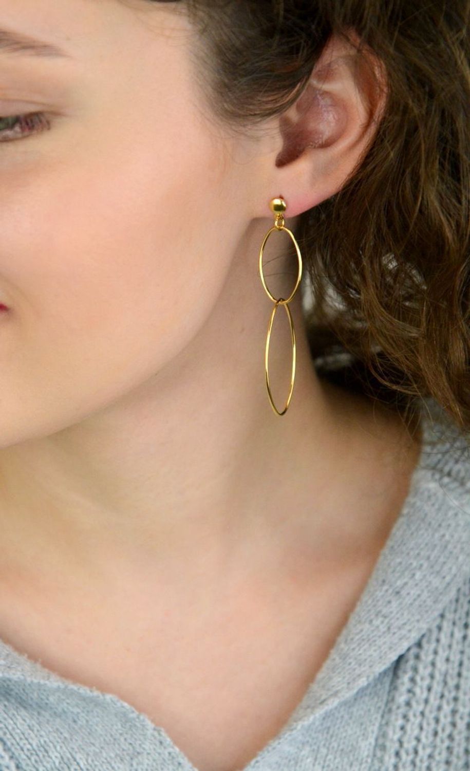 Kolczyki Damskie Srebrne Pozłacane KM20208Z – Długie Owalne Dwa Kółka, Zapięcie na Sztyft.jpg