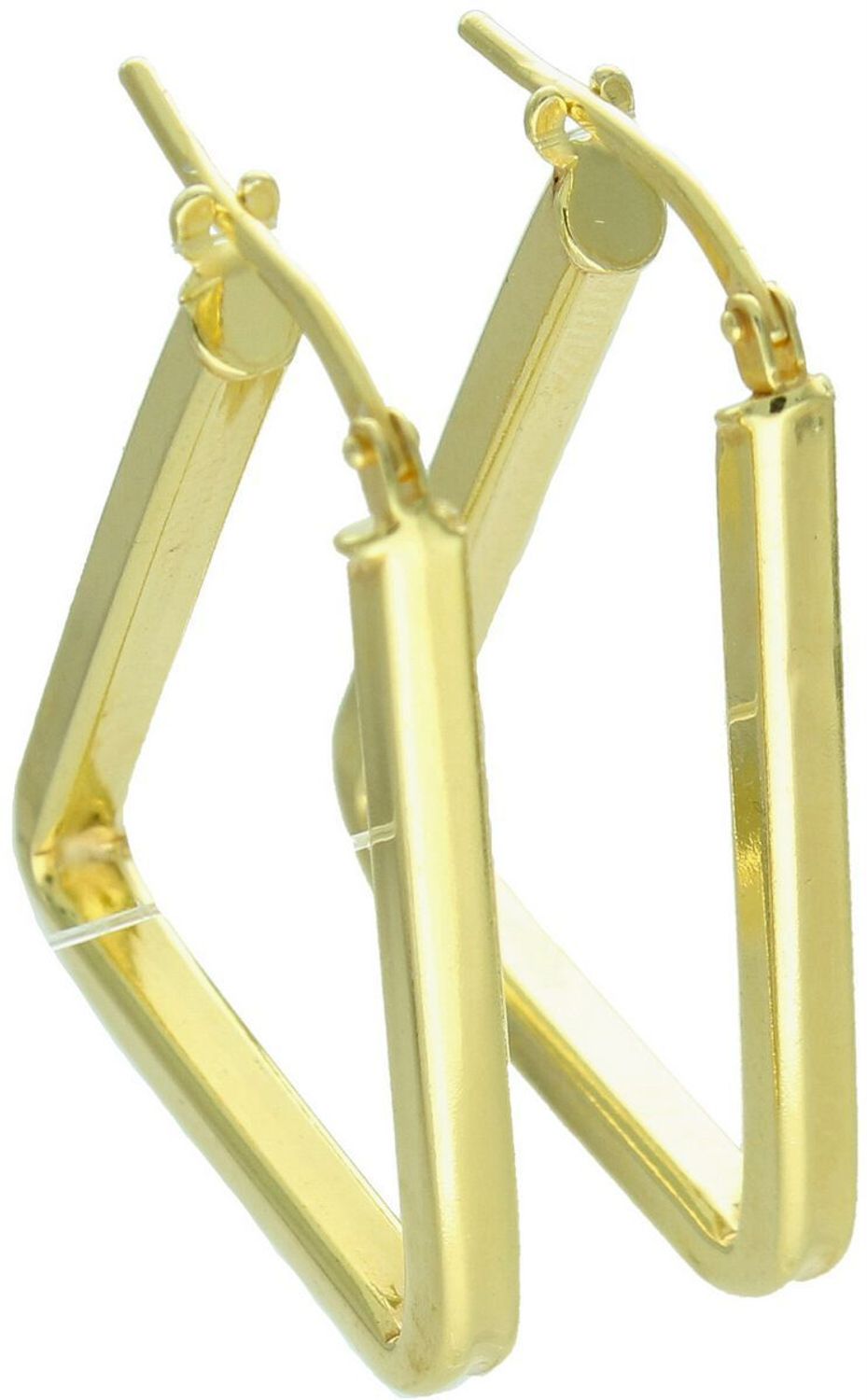 Kolczyki damskie KM28344-2Z ze srebra próby 925, pozłacane, w nowoczesnym geometrycznym kształcie trójkątów. Długość 3,0 cm, szerokość 2 mm, zapięcie kreol zatrzaskowe – elegancka biżuteria.1.jpg