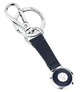 Elegancki brelok Maserati Keyring z prawdziwej skóry i niebieskiej stali 316L. Okrągła zawieszka z centralnym srebrnym trójzębem.1.jpg