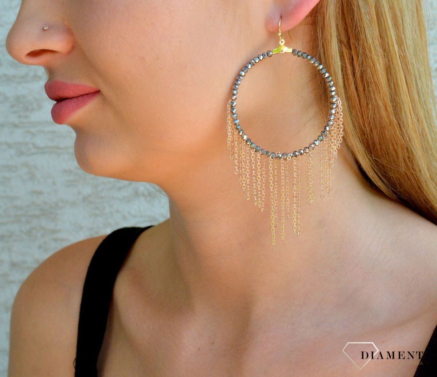 Kolczyki damskie duże koła z wiszącymi łańcuszkami 5 cm KOLMAYA095902900. Kolczyki damskie koła. Kolczyki duże koła z łańcuszkami. Kolczyki antyalergiczne na prezent..jpg