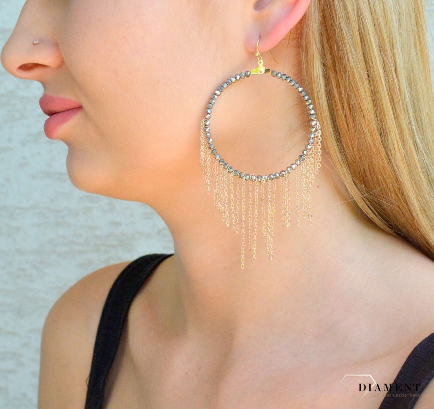 Kolczyki damskie duże koła z wiszącymi łańcuszkami 5 cm KOLMAYA095902900. Kolczyki damskie koła. Kolczyki duże koła z łańcuszkami. Kolczyki antyalergiczne na prezent..jpg