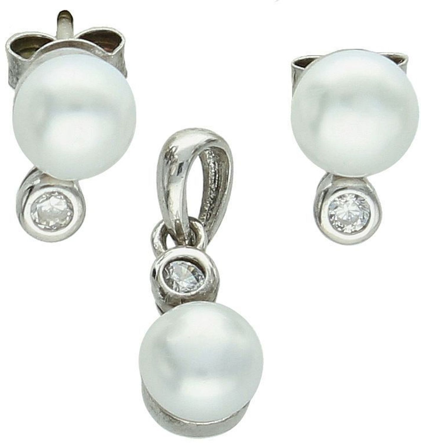 Komplet damski srebrny 925 KPLSH88038 z perełkami i cyrkonią. Kolczyki (9×6 mm) na sztyft i zawieszka (1,5×0,6 cm). Lekki, elegancki zestaw idealny na prezent.3.jpg