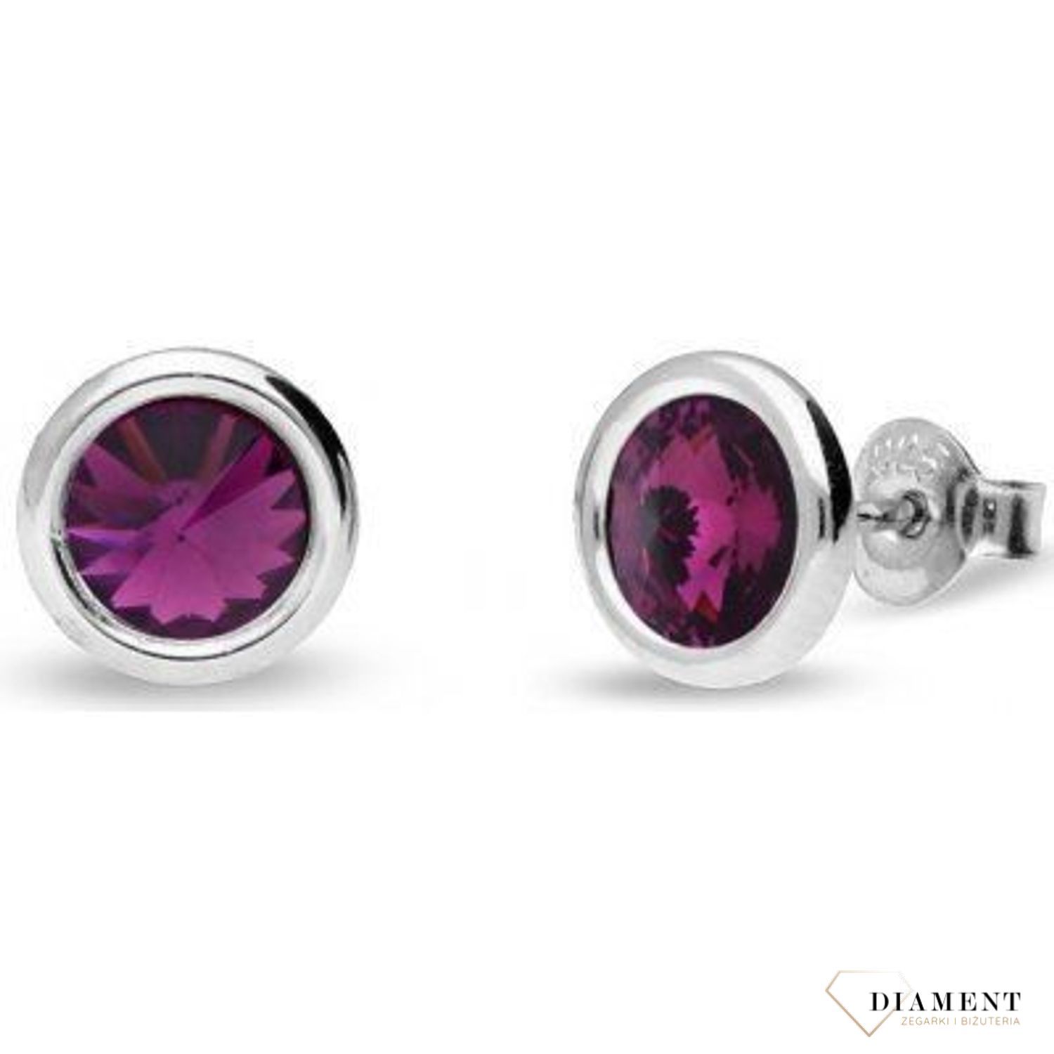 Srebrne kolczyki Swarovski Urodzinowe Kamienie Amethyst Okrągłe przy uchu KR1122SS29AM.jpg