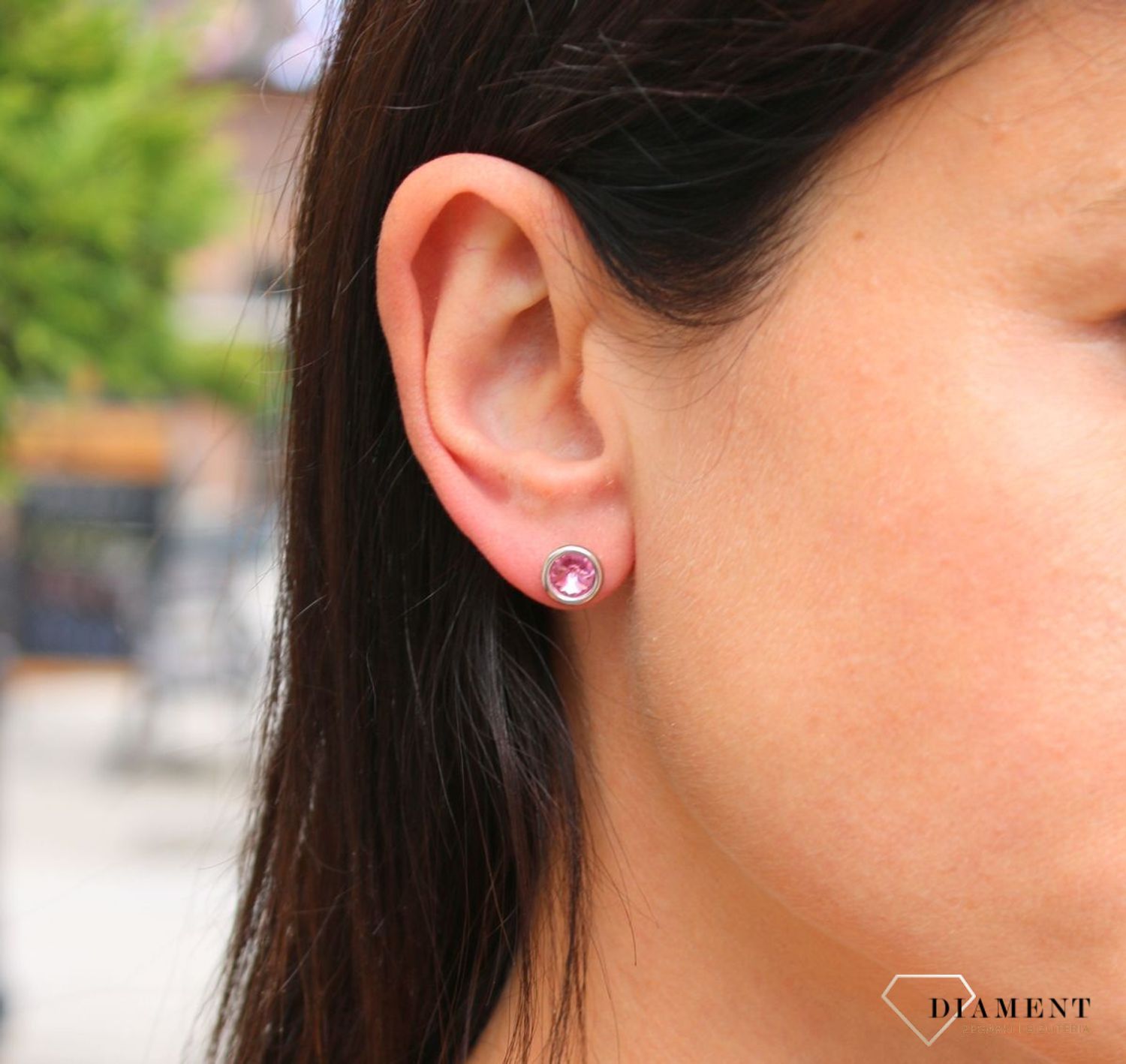 Srebrne kolczyki Swarovski Urodzinowe Kamienie Pink Turmaline Okrągłe przy uchu kolor Rose KR1122SS29R.jpg