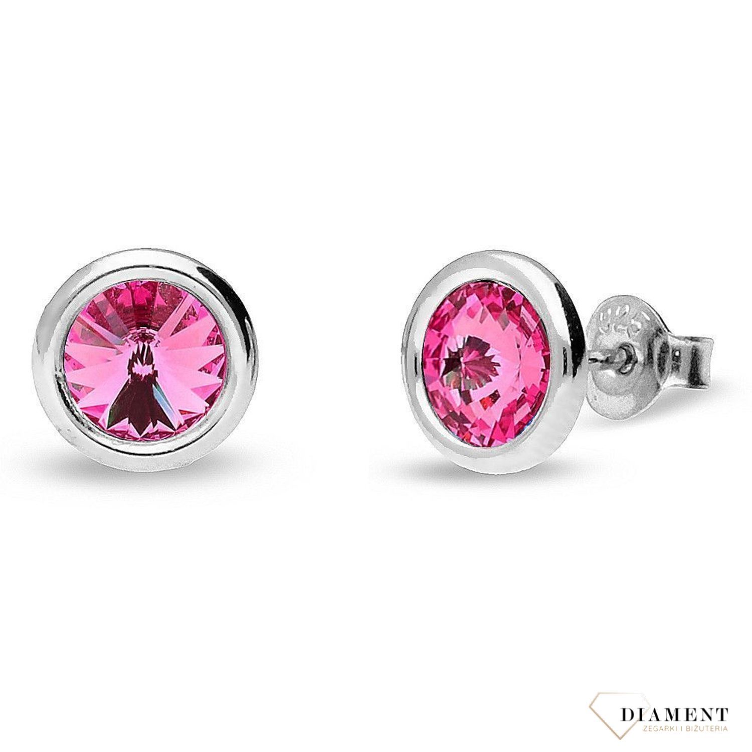 Srebrne kolczyki Swarovski Urodzinowe Kamienie Pink Turmaline Okrągłe przy uchu kolor Rose KR1122SS29R.jpg