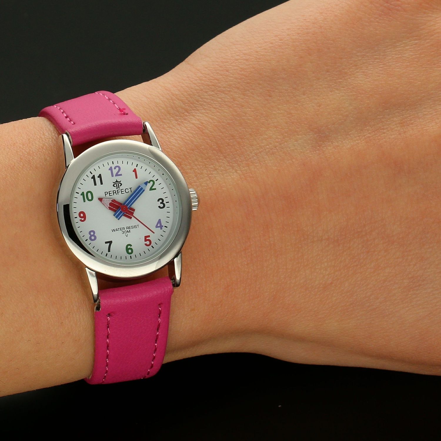 Zegarek dla dziewczynki Perfect ' Kolorowe kredki 2 ' Zegarek dla dziewczynki na komunię. Zegarek do nauki godzin.  (1).jpg