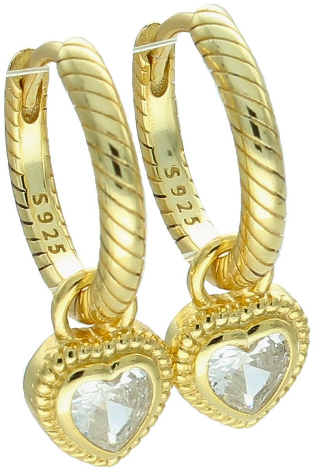 Kolczyki Damskie Srebrne Pozłacane KSR2684Z – Kółeczka z Wiszącymi Serduszkami w Cyrkonii, Zapięcie na Zatrzask.jpg