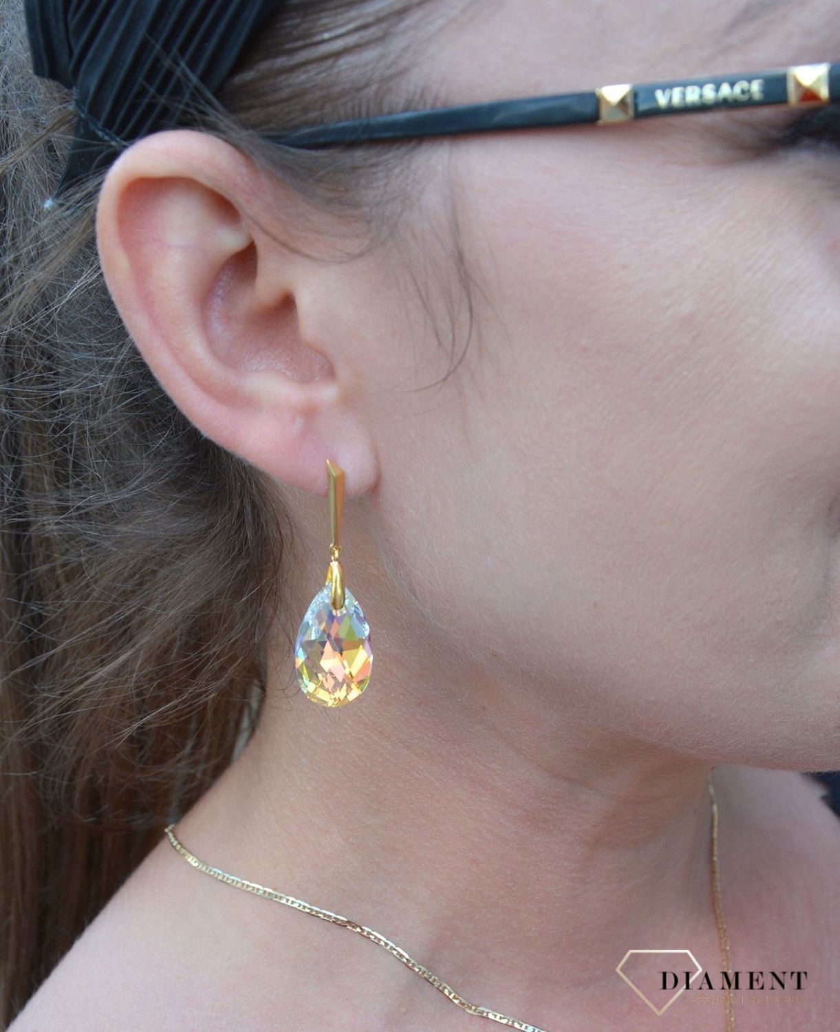 Srebrne kolczyki pozłacane wiszące Swarovski w kolorze Aurrora Borealis KWNG610622AB.jpg