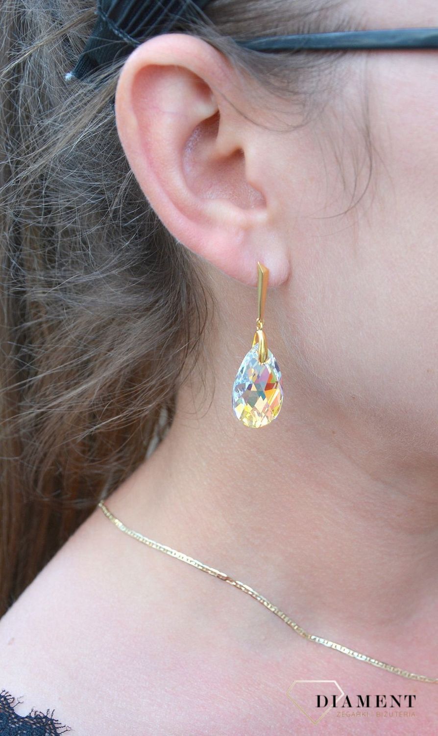 Srebrne kolczyki pozłacane wiszące Swarovski w kolorze Aurrora Borealis KWNG610622AB.jpg