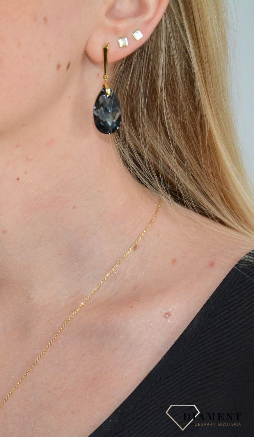 Kolczyki srebrne pokryte złotem Swarovski szare kryształy.jpg