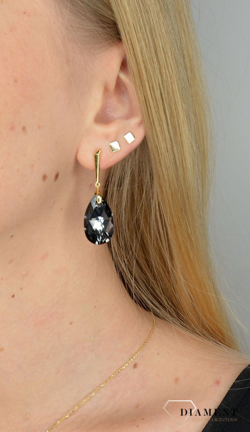 Kolczyki srebrne pokryte złotem Swarovski szare kryształy.jpg