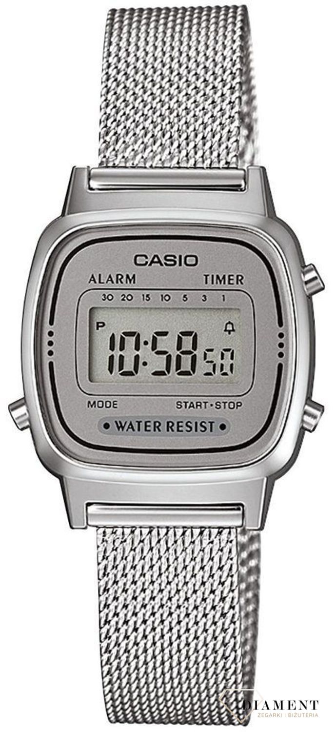 Zegarek Casio Vintage CLASSIC LA670WEM-7EF. Damski zegarek srebrny elektroniczny. Srebrny zegarek damski na bransolecie mesh. Casio Vintage dla kobiety. Pomysł na prezent dla kobiety..jpg