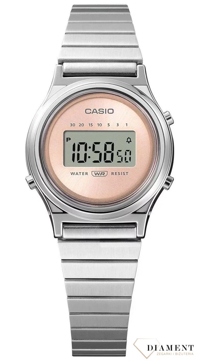 Zegarek damski Casio Vintage różowa tarcz LA700WE-4AEF. Zegarek okrągły Vintage. Zegarki Casio damskie cyfrowe. Zegarek Vintage na prezent dla kobiety. Srebrny zegarek z wyświetlaczem..jpg