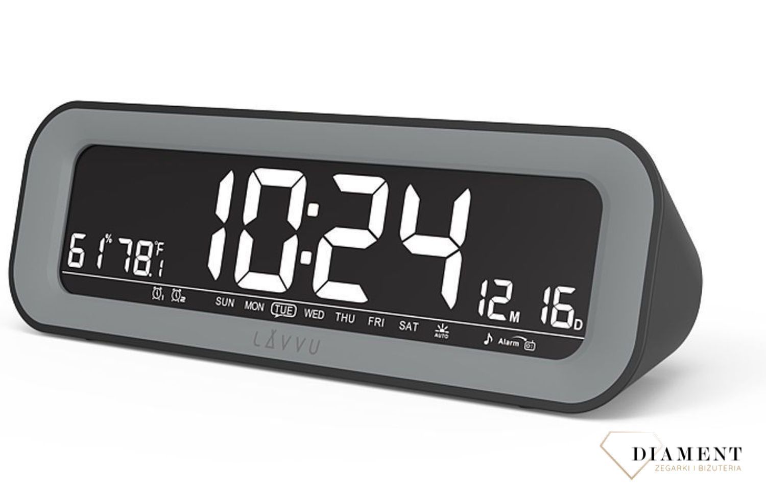 Cechy 2x budzik, budzenie w dni robocze, budzenie w weekendy, data, dzień tygodnia, oświetlenie, termometr, wyświetlanie temperatury Celsius  Fahrenheit, wyświetlanie czasu 1224 godzin, wilgotność.jpg
