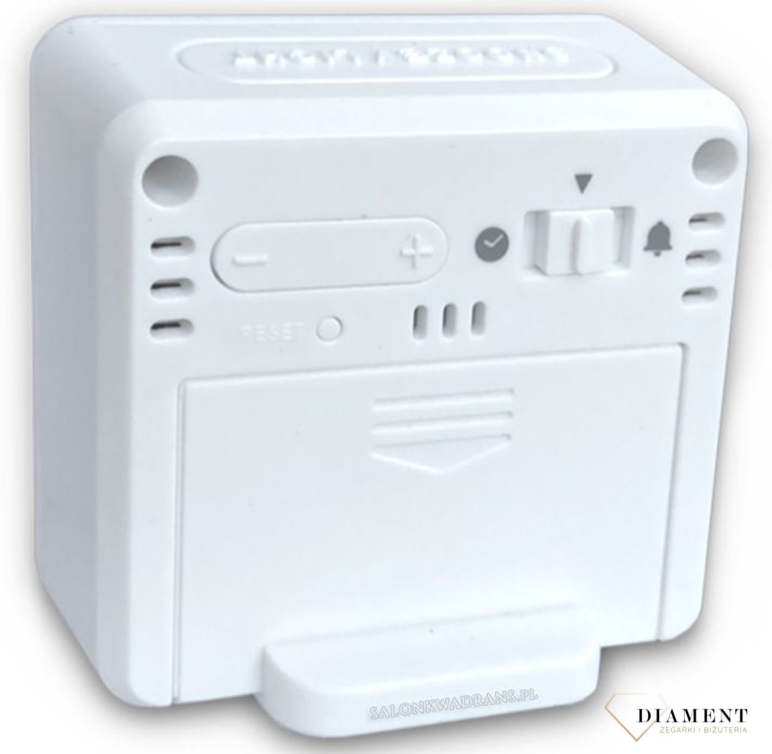 Budzik sterowany radiowo Lavvu biały z czujnikiem światła LAR0040. Tarcza z wyświetlaczem godziny w formie 12 lub 24. Duże czytelne czarne cyfry. Kalendarz automatyczny. Budzik pokazuje również tem (2).jpg