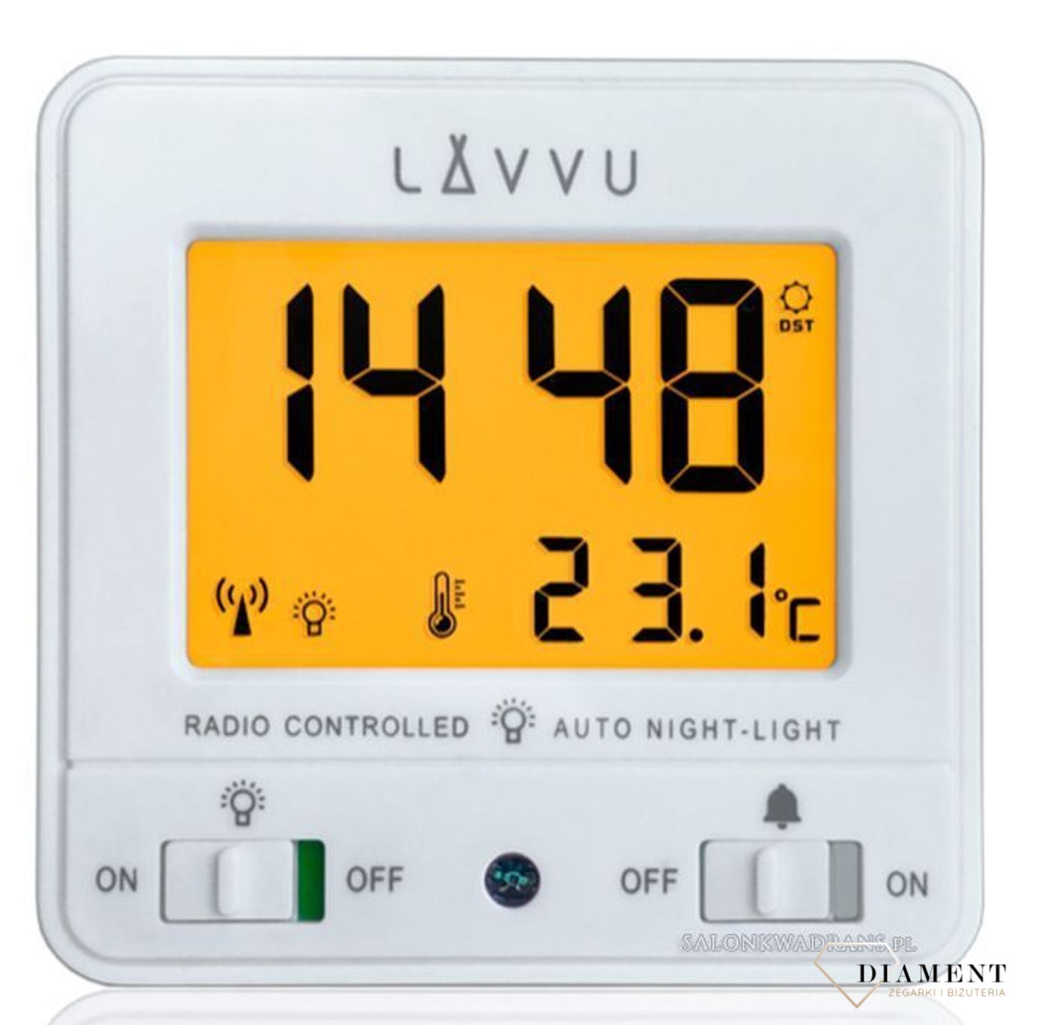 Budzik sterowany radiowo Lavvu biały z czujnikiem światła LAR0040. Tarcza z wyświetlaczem godziny w formie 12 lub 24. Duże czytelne czarne cyfry. Kalendarz automatyczny. Budzik pokazuje również tem (2).jpg