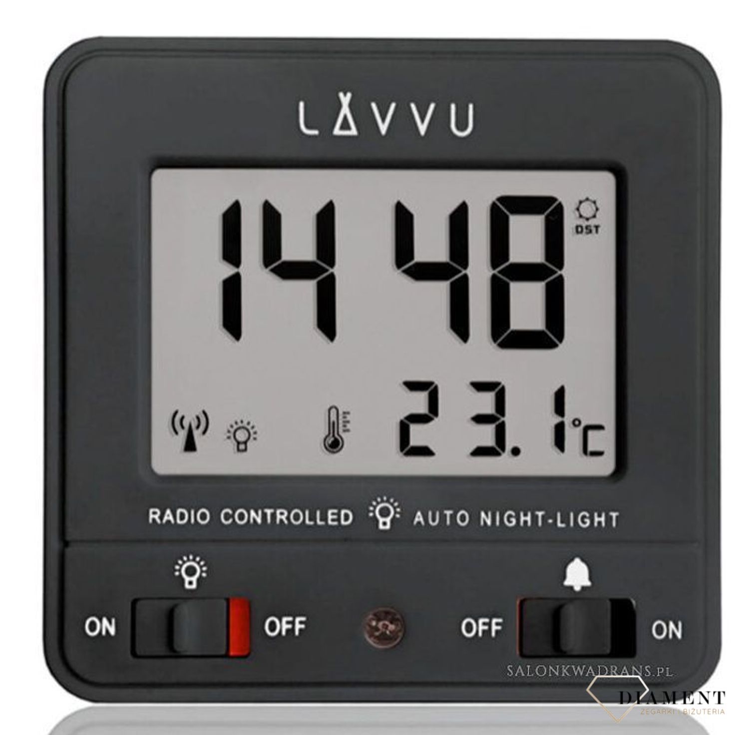 Budzik sterowany radiowo Lavvu czarny z czujnikiem światła LAR0041.  Dodatkowo jest wyposażony w czujnik światła, dzięki czemu wyświetlacz może automatycznie podświetlić się po po zapadnięciu zmroku, co (3).jpg