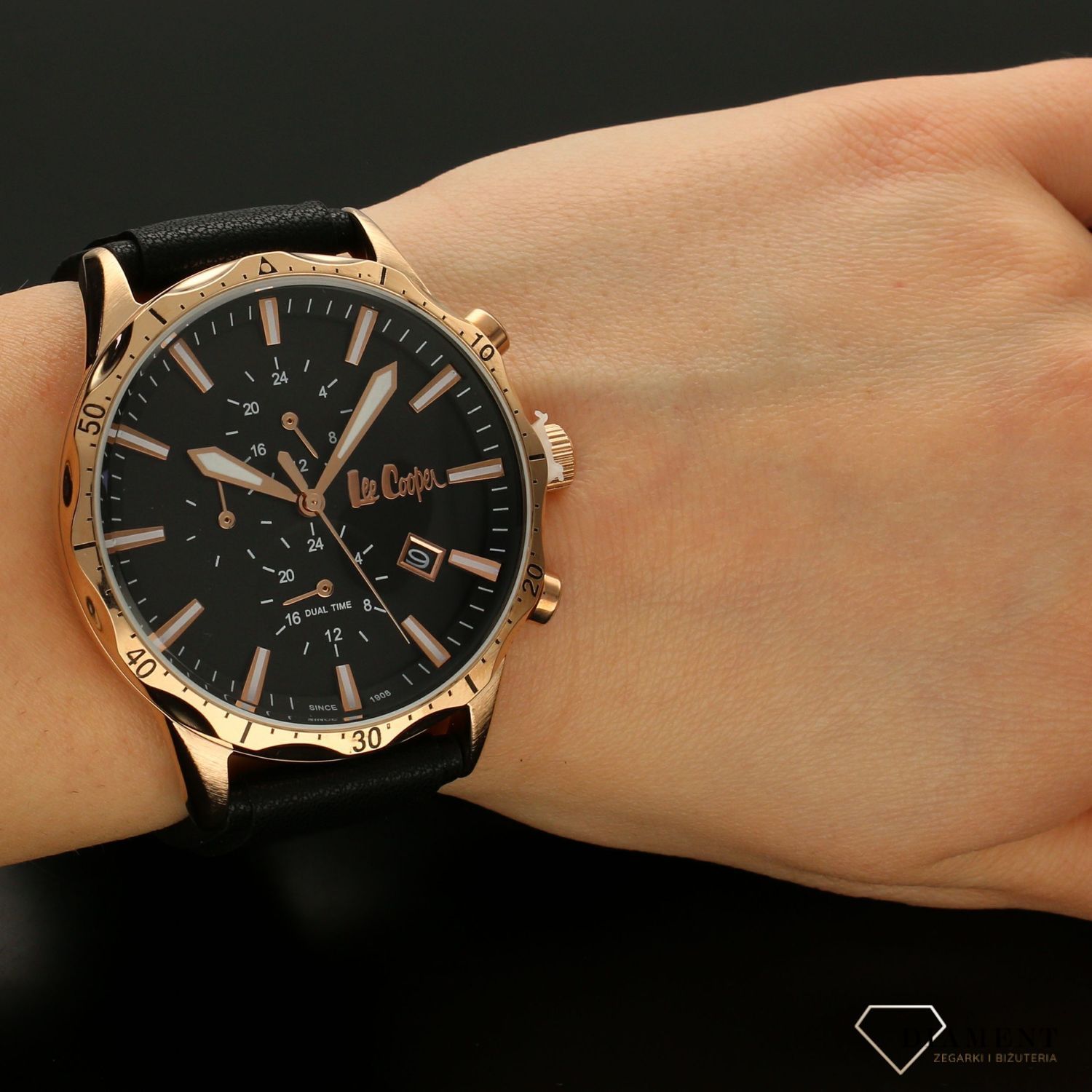 Zegarek męski na czarnym pasku w kolorze różowego złota Lee Cooper LC06957.351.jpg