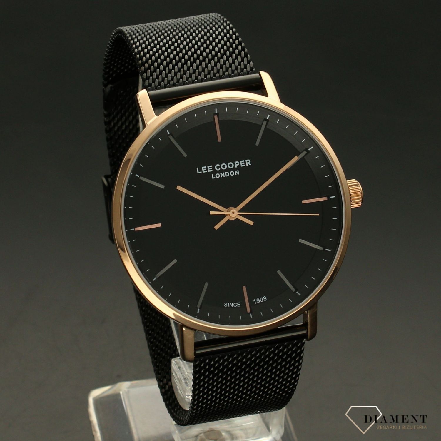 Zegarek męski Lee Cooper LC07098.450  z kopertą w kolorze różowego złota na czarnej bransolecie typu mesch (1).jpg