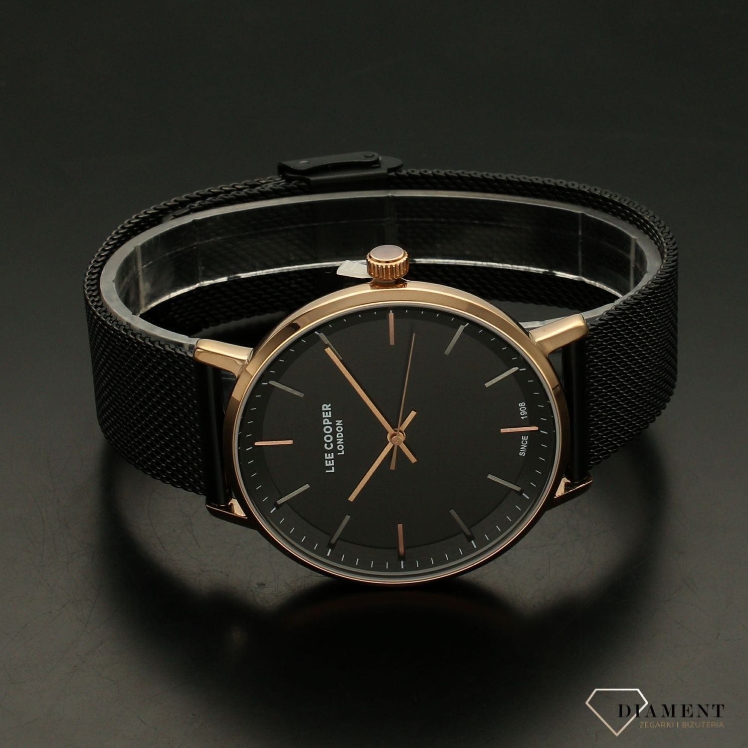 Zegarek męski Lee Cooper LC07098.450  z kopertą w kolorze różowego złota na czarnej bransolecie typu mesch (1).jpg