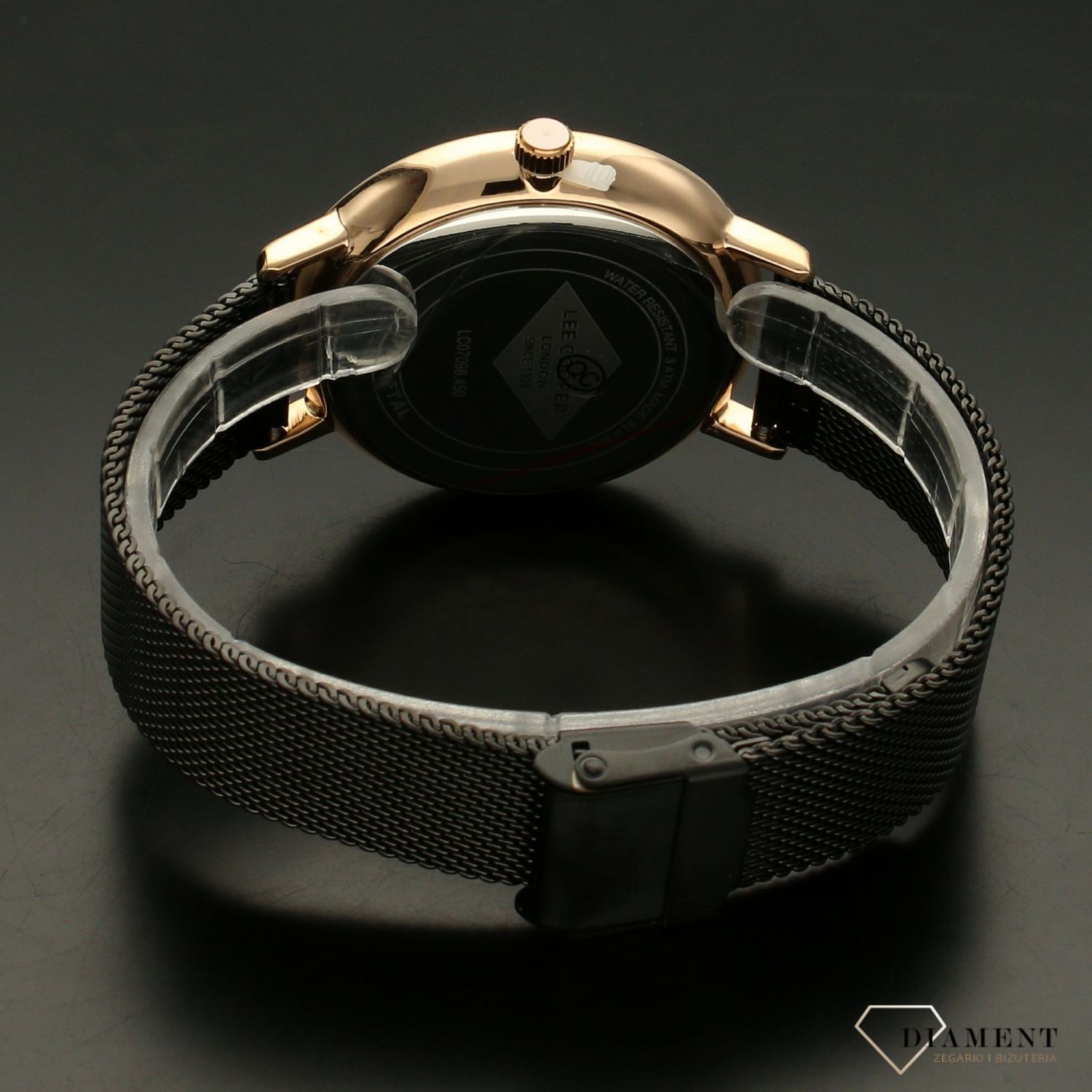 Zegarek męski Lee Cooper LC07098.450  z kopertą w kolorze różowego złota na czarnej bransolecie typu mesch (1).jpg