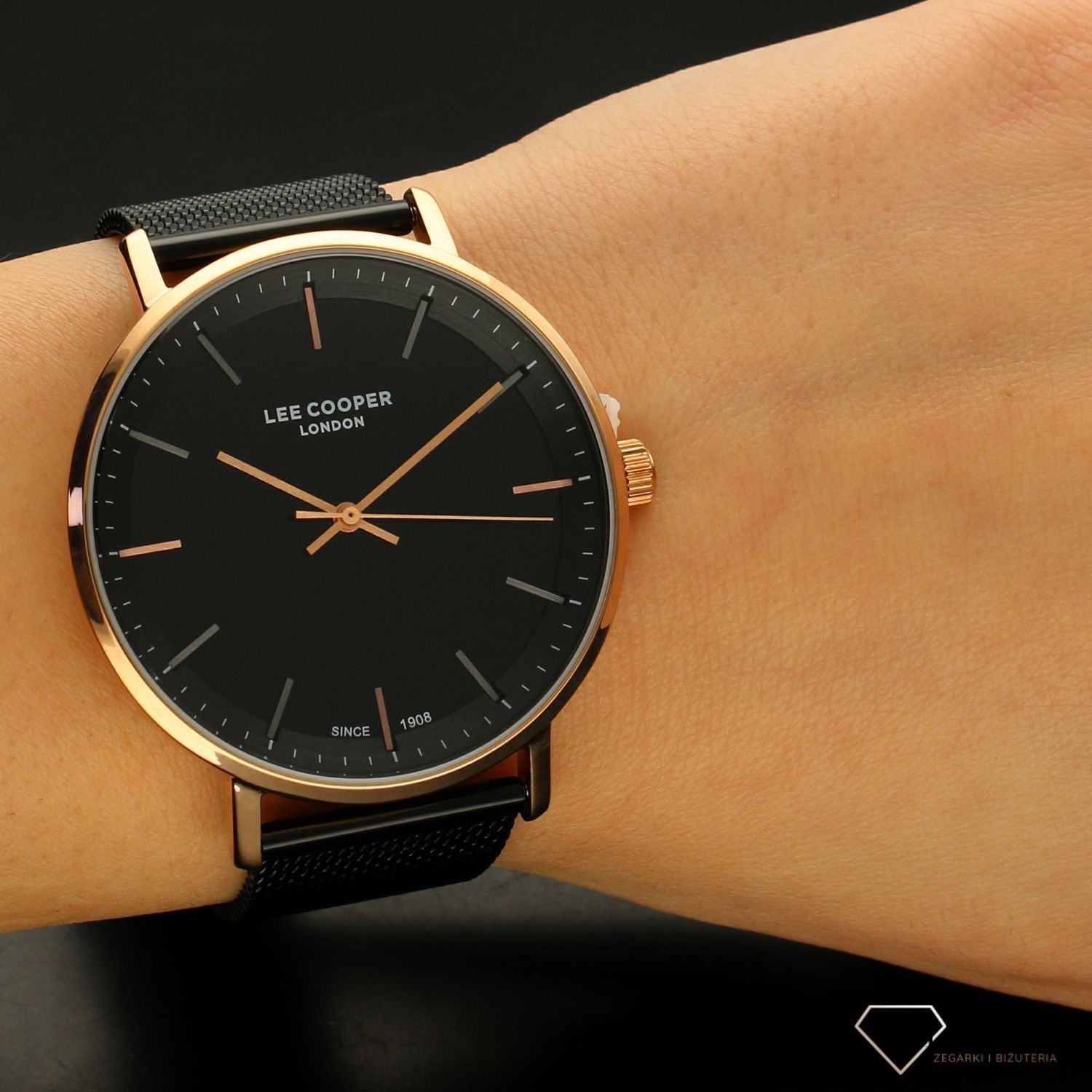 Zegarek męski Lee Cooper LC07098.450  z kopertą w kolorze różowego złota na czarnej bransolecie typu mesch (1).jpg