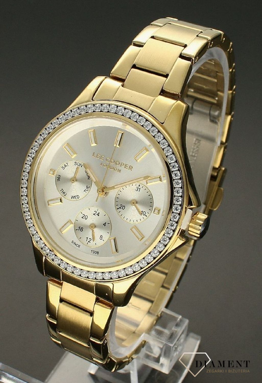 Zegarek damski Lee Cooper złoty 'Błyszczące cyrkonie' LC07512.130.  Zegarek damski tani.  Zegarek damski cały złoty. Modny zegarek. Delikatny zegarek na wiosnę. Na prezent.jpg
