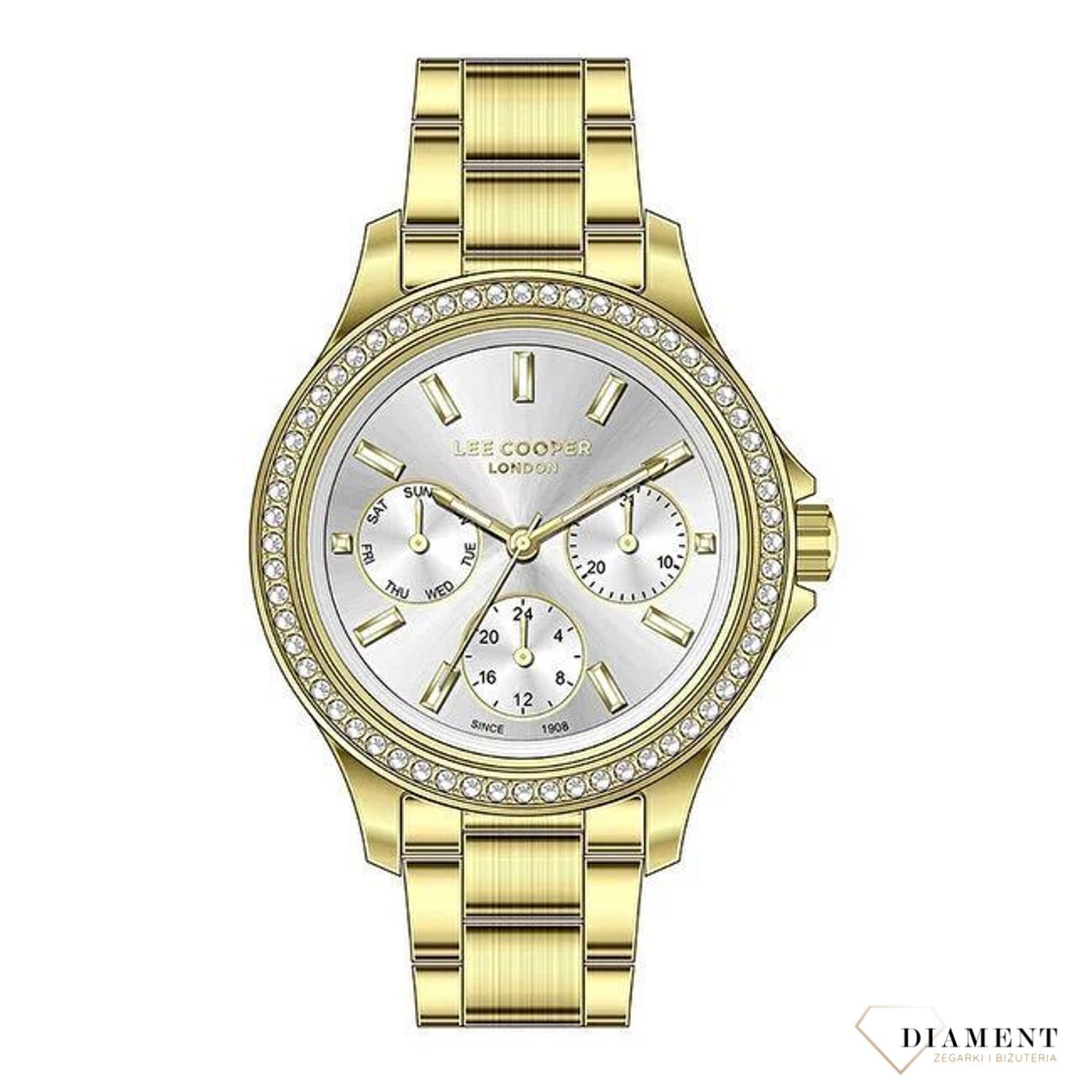 Zegarek damski Lee Cooper złoty 'Błyszczące cyrkonie' LC07512.130.  Zegarek damski tani.  Zegarek damski cały złoty. Modny zegarek. Delikatny zegarek na wiosnę. Na prezent.jpg