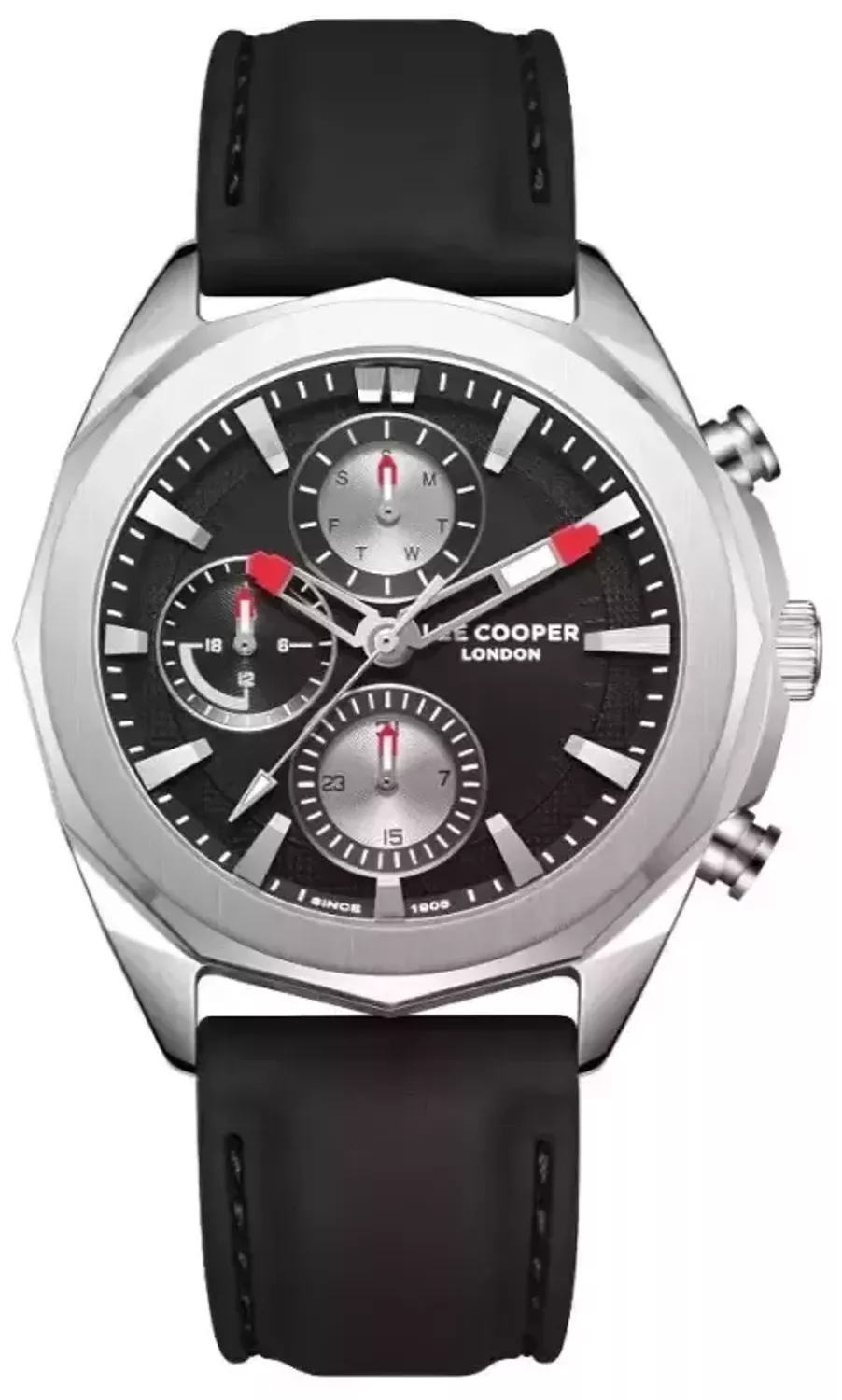 Zegarek męski na pasku Lee Cooper LC07990.351.  Zegarek męski w czarnej kolorystyce to idealna propozycja dla zdecydowanych mężczyzn. Niecodzienna tarcza stanowi podstawę sportowego charakteru tego modelu.1.webp