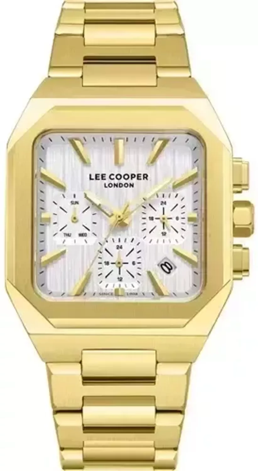 Lee Cooper LC08143.130 – elegancki zegarek męski w złotym kolorze z kwadratową kopertą, srebrną tarczą i mechanizmem kwarcowym JP25. Wodoszczelność 50M. Styl fashion. Kup online!1.webp
