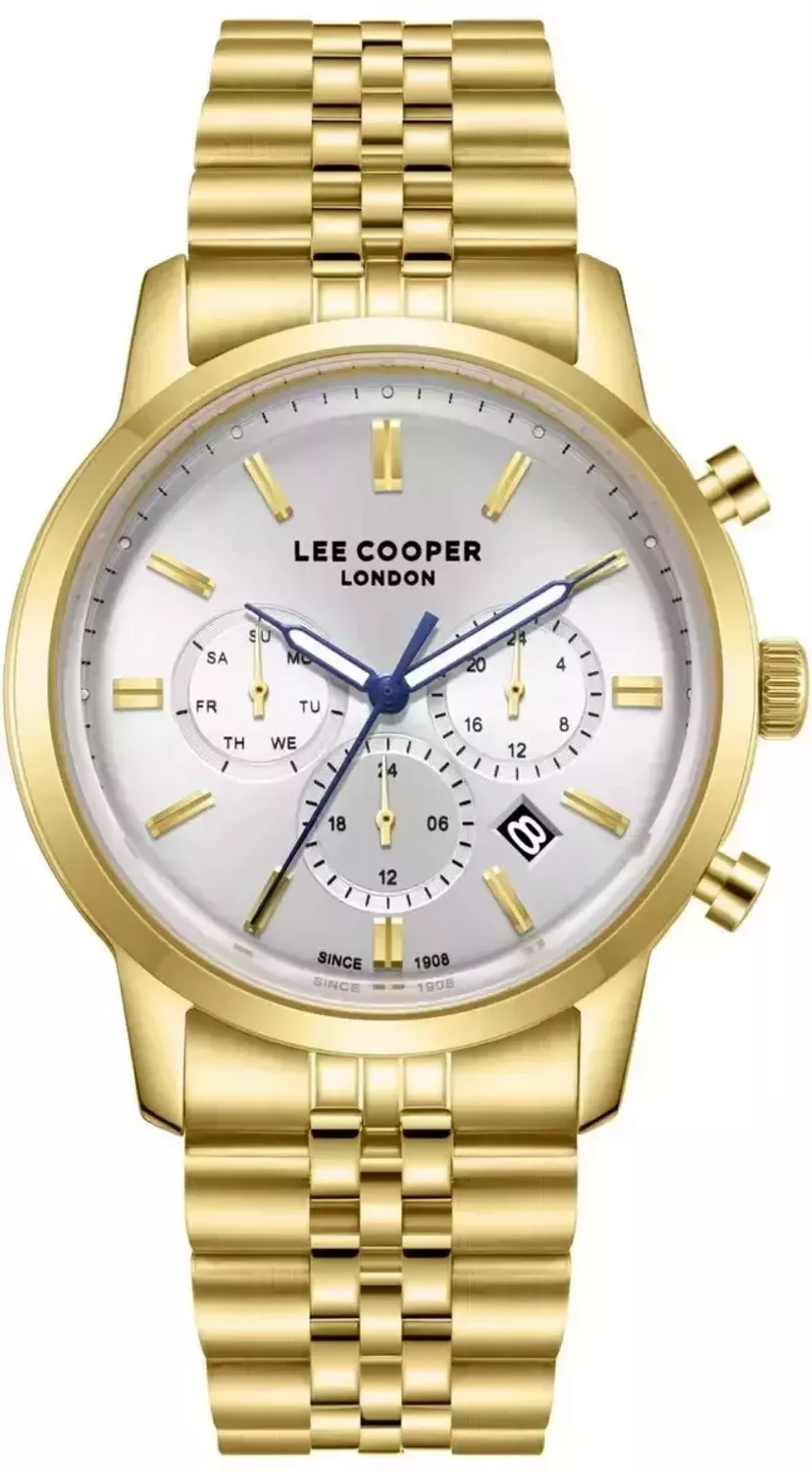 Zegarek męski Lee Cooper LC08187.130, złoty, analogowy, koperta 43 mm, stalowa bransoleta, datownik, wodoszczelność WR 50. Stylowy i trwały dodatek.1.webp