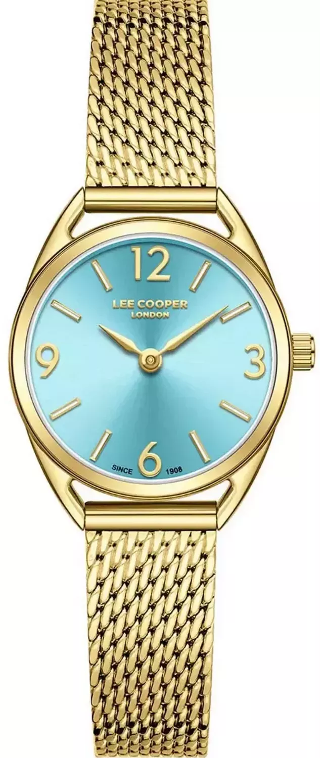 Stylowy zegarek damski Lee Cooper LC08207.100 z kolekcji Summer 25. Złota bransoleta mesh, okrągła koperta i kontrastowa niebieska tarcza. Elegancja i nowoczesność w jednym!1.webp