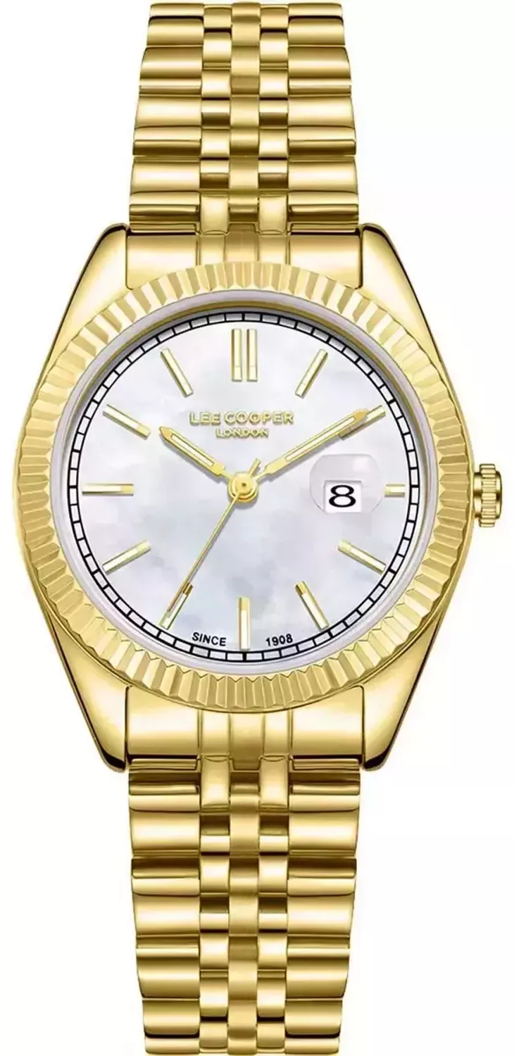 Zegarek damski Lee Cooper LC08210.120, złota koperta i bransoleta, perłowa tarcza, elegancki i subtelny, idealny do letnich i codziennych stylizacji.1.webp