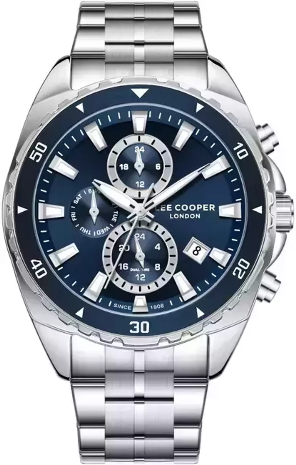 Zegarek męski Lee Cooper LC08217.390, granatowa tarcza, analogowy, stalowa bransoleta, koperta 44 mm, wodoszczelność WR 50. Stylowy i trwały dodatek.1.webp