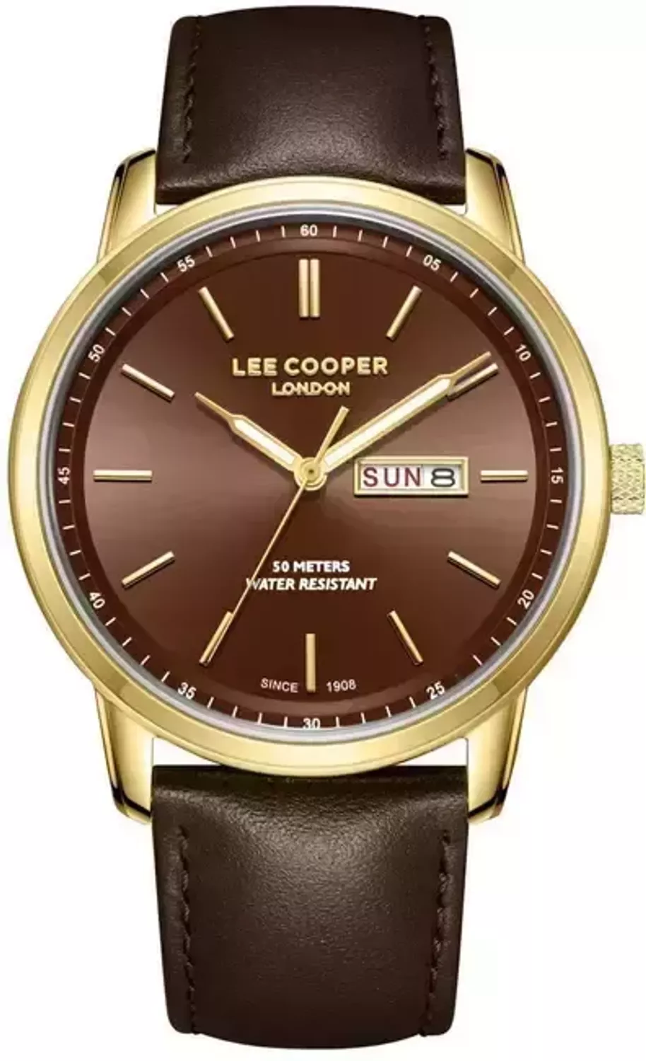 Zegarek męski Lee Cooper LC08235.142 z brązowym paskiem ze skóry naturalnej i złotą kopertą. Stylowy, elegancki i trwały zegarek idealny na co dzień i wyjątkowe okazje.1.webp