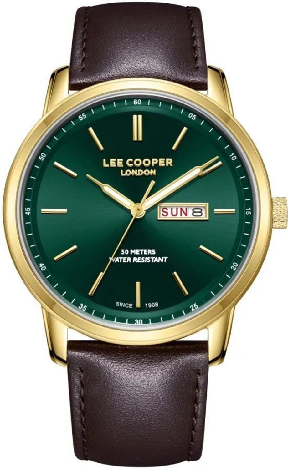 Zegarek męski Lee Cooper LC08235.172 z linii Fashion Summer 25 – elegancki model ze złotą kopertą, brązowym paskiem i zieloną tarczą. Idealny na lato, casual i eleganckie stylizacje.1.jpg