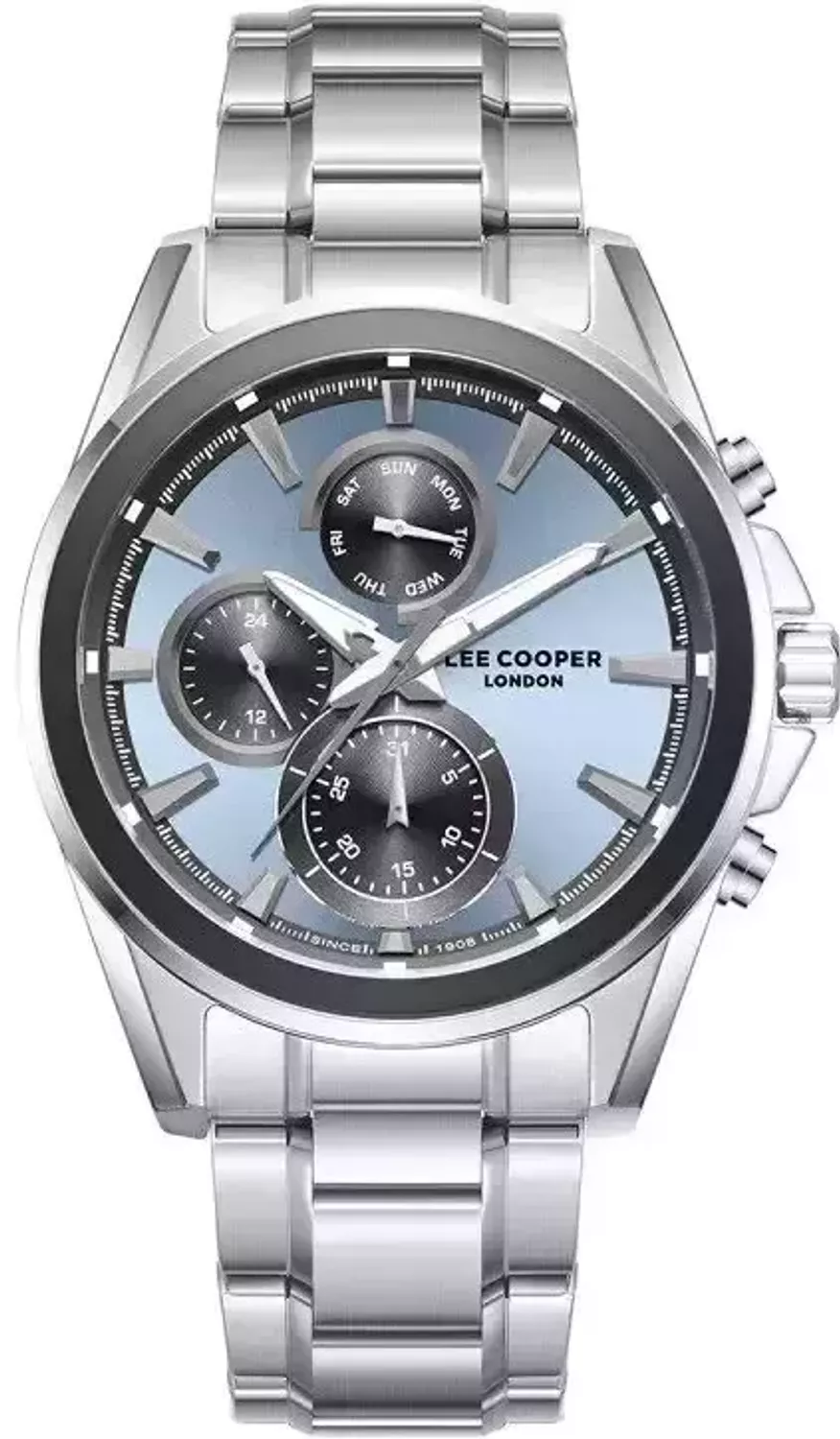 Zegarek męski Lee Cooper LC08249.300, stalowa koperta i bransoleta, niebieska tarcza, analogowy, datownik, wodoszczelność WR 50. Stylowy i trwały dodatek1.webp