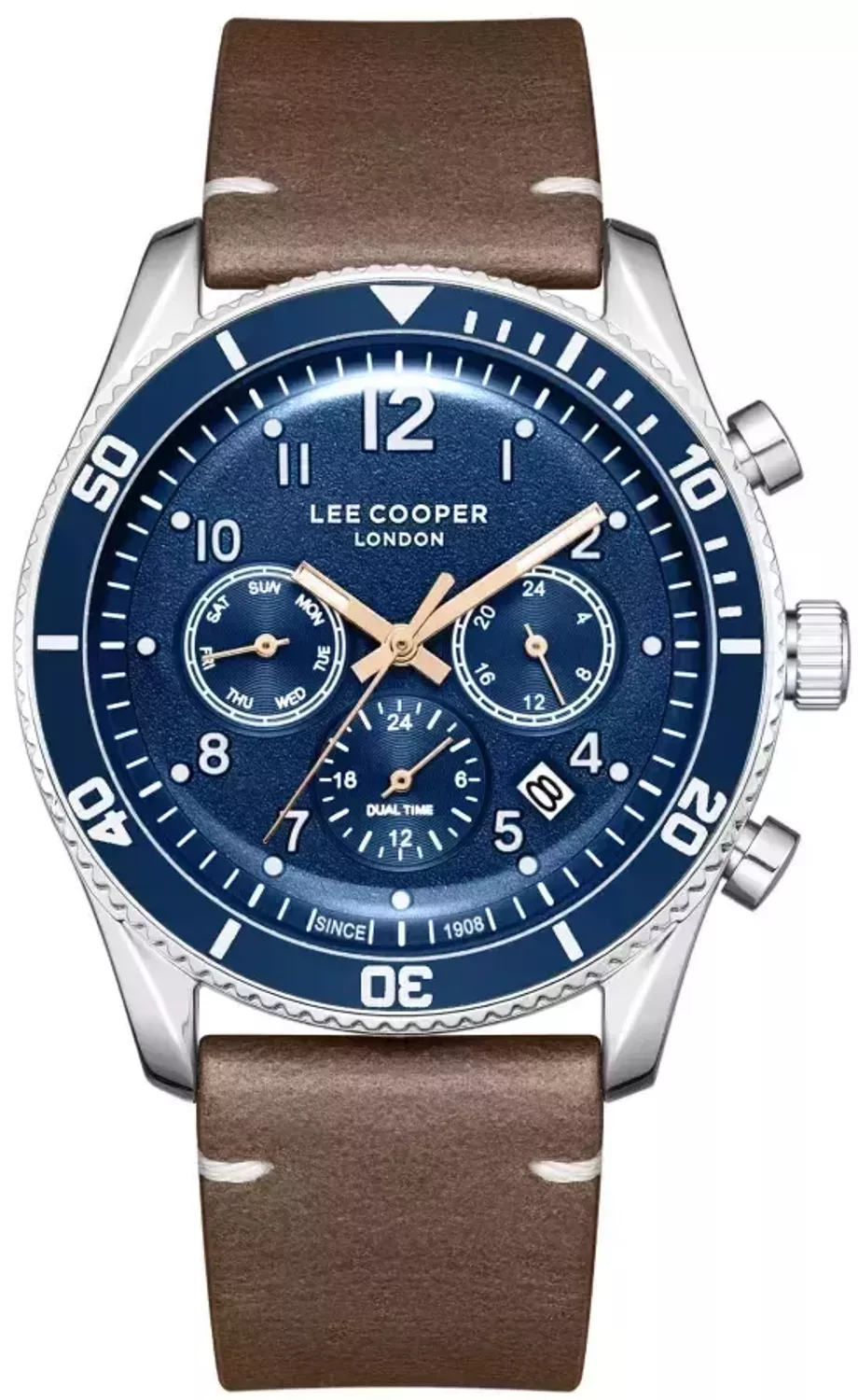 Zegarek męski Lee Cooper LC08260.394, granatowa tarcza, pasek skórzany, stalowa koperta 42 mm, datownik, wodoszczelność WR 50 – elegancki i komfortowy.1.webp