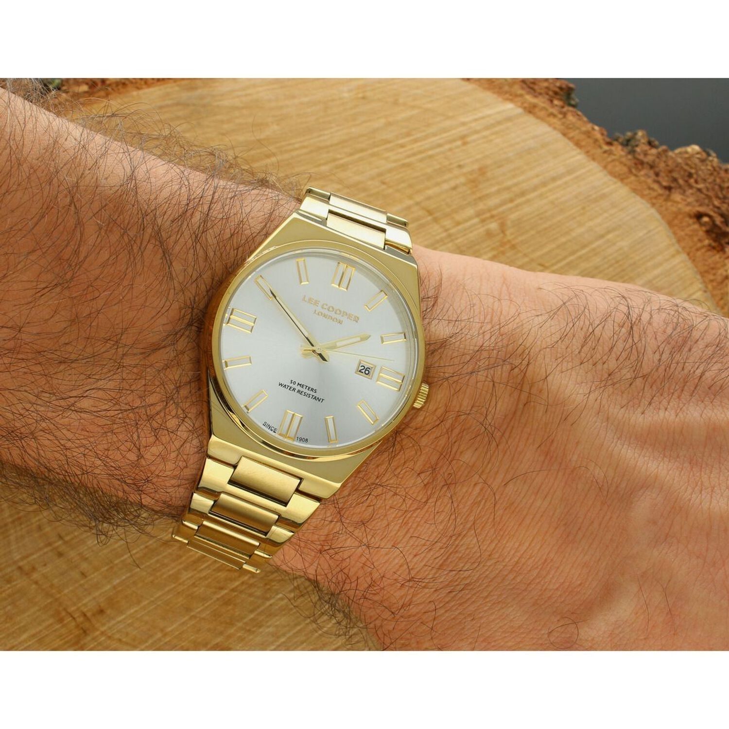 Zegarek męski Lee Cooper LC08262.130, złoty, analogowy, koperta 40 mm, stalowa bransoleta, datownik, wodoszczelność WR 50. Stylowy i trwały dodatek1.webp