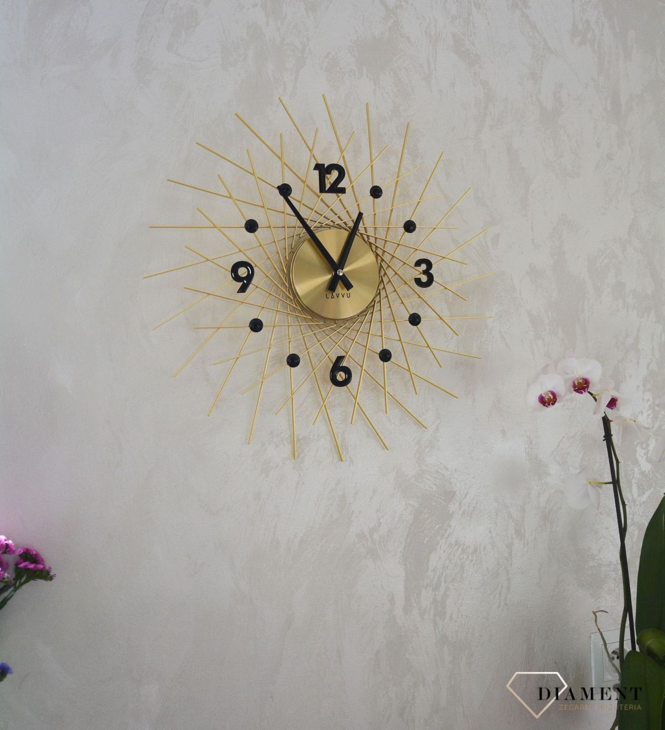 Zegar ścienny złoty z czarnymi detalami LAVVU CRYSTAL Lines LCT1053.jpg